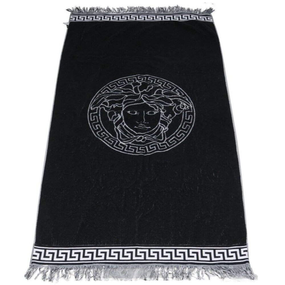 Versace Medusa Head Logo Greca Fringe Throw Blanket Black Grey Rug Shawl Baroque